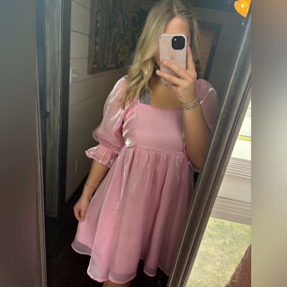 Bubble gum pink shimmer mini dress. - Picture 5 of 5